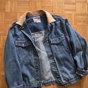 TRUE VINTAGE Denim Button-up Jacket | Tan Leather Lined Collar | OVERSIZED
